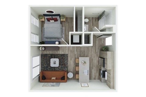 a stylized floor plan with a bedroom and a living room